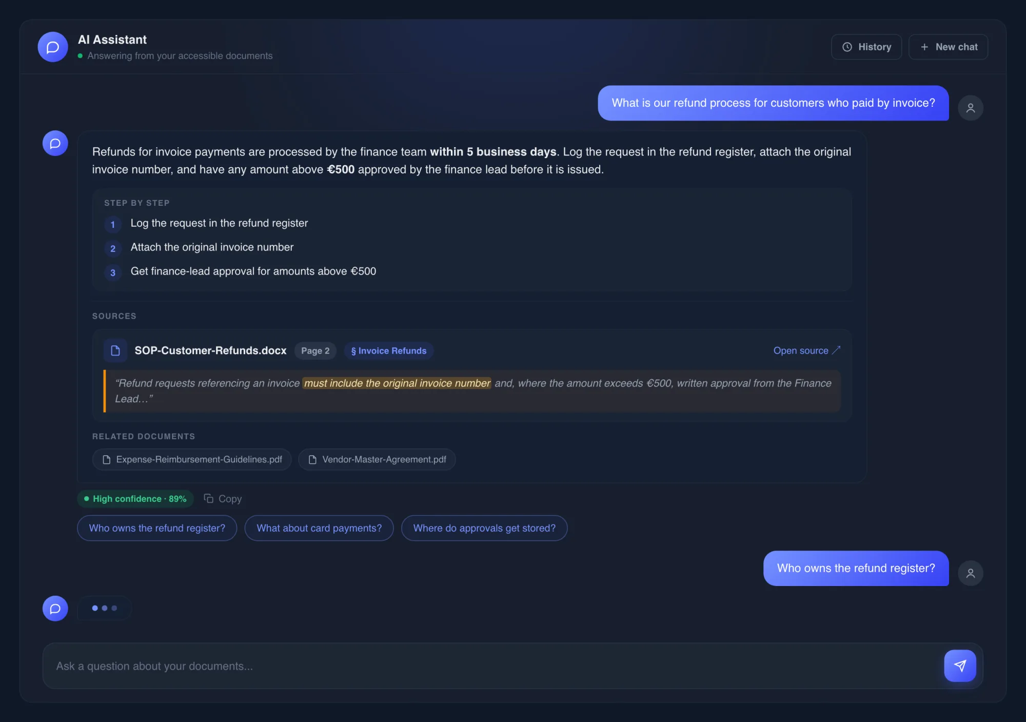AI Assistant chat showing a question answered with source citations, page references, and a confidence score