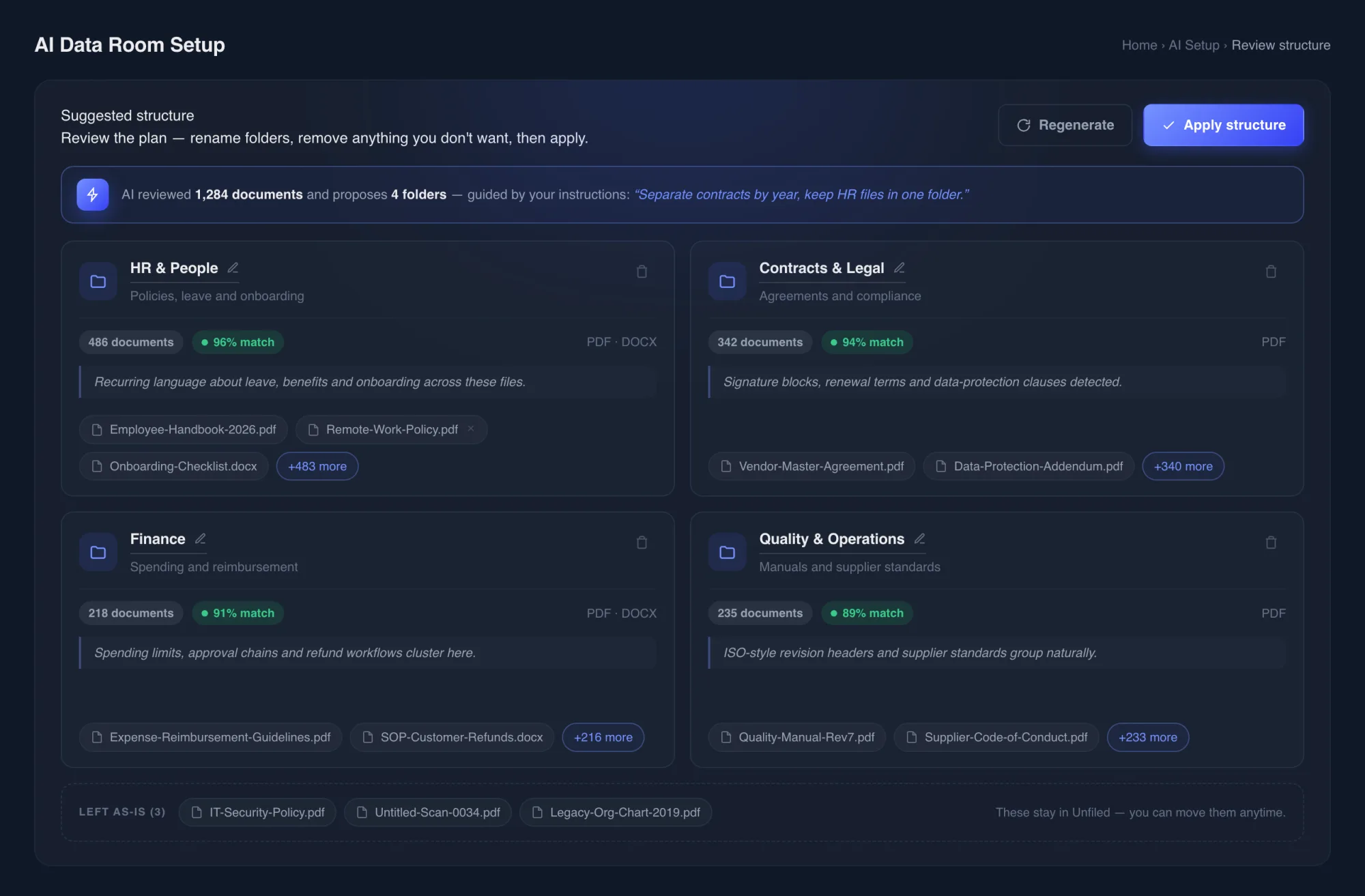 AI folder organization screen showing a suggested folder structure ready to review and apply